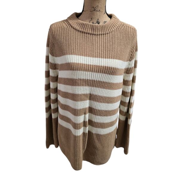 Talbots 100% Cotton Tan and Ivory Striped Shaker Knit Sweater Size XL - Picture 3 of 7